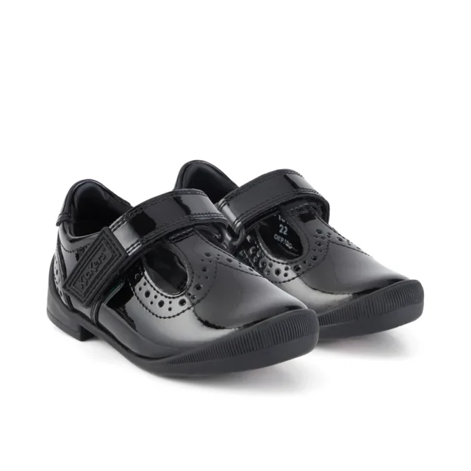 Bridie Brogue T-Vel Lackleder für Mädchen, schwarz