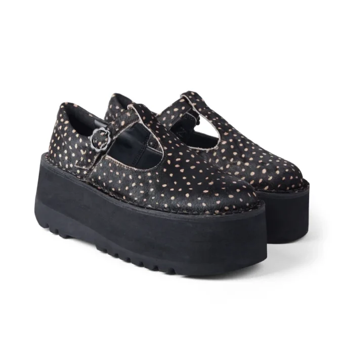Kick T-Bar-Plateauschuhe für Damen, Leder, schwarz