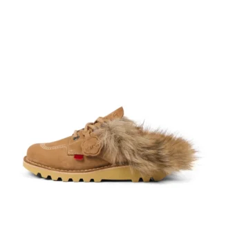 Unisex-Kick Mule-Pantolette für Erwachsene mit Fellbesatz, Mains, hellbraun