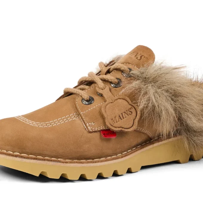 Unisex-Kick Mule-Pantolette für Erwachsene mit Fellbesatz, Mains, hellbraun
